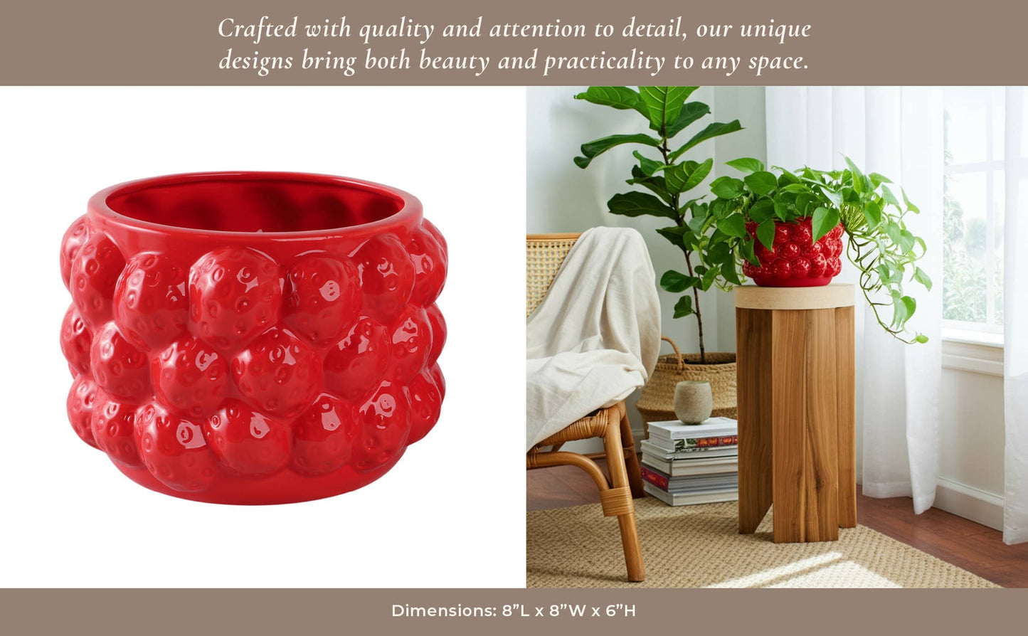 Decorative Planter - Red Ceramic Strawberry Flower, 8 in.