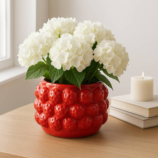 Decorative Planter - Red Ceramic Strawberry Flower, 8 in.