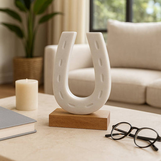 Figurine - White/Brown Marble Horseshoe on Wood Base, 8 in.