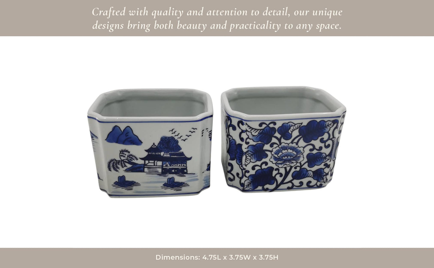 Pencil Cups Set of 2 - Blue/White Ceramic Rectangle, 4 in.