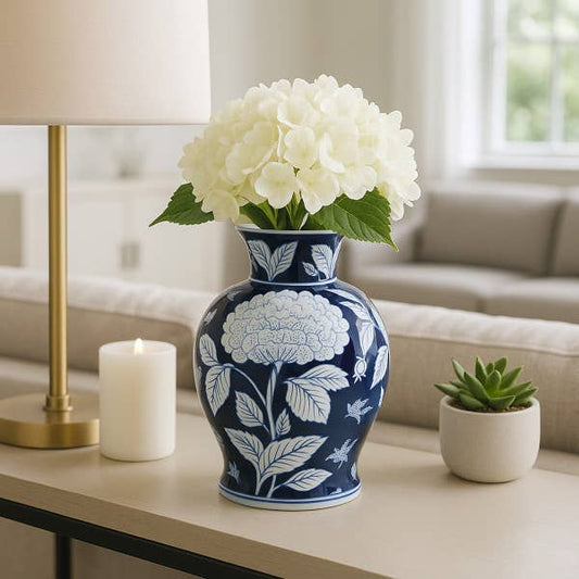 Decorative Vase - Blue Ceramic Floral Chinoiserie, 9 in.