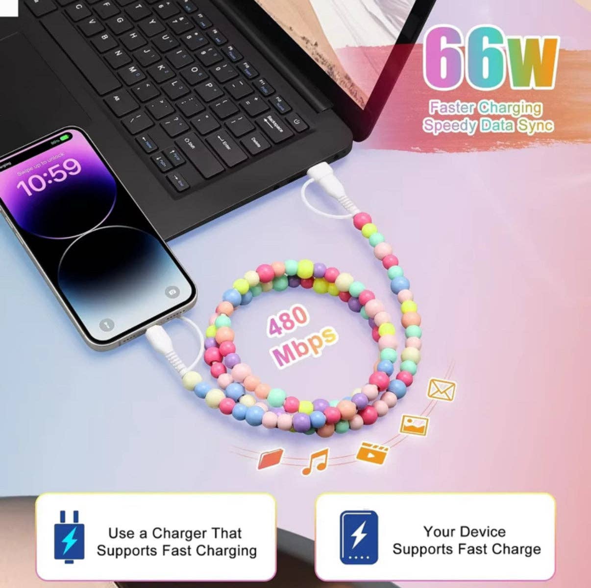 Copper Cowboy Pearl and Turquoise 4-in1 Beaded Fast Charging Cable
