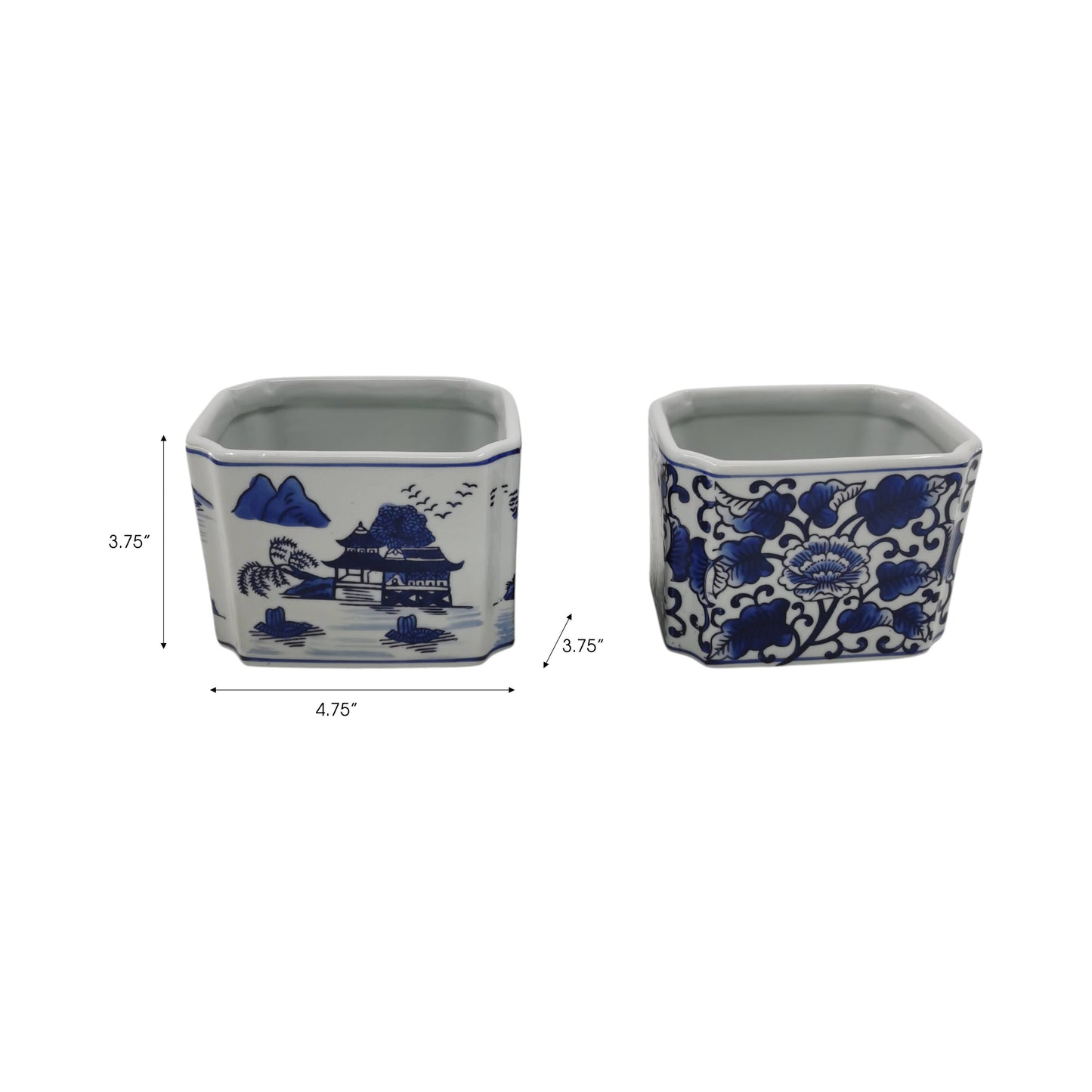 Pencil Cups Set of 2 - Blue/White Ceramic Rectangle, 4 in.
